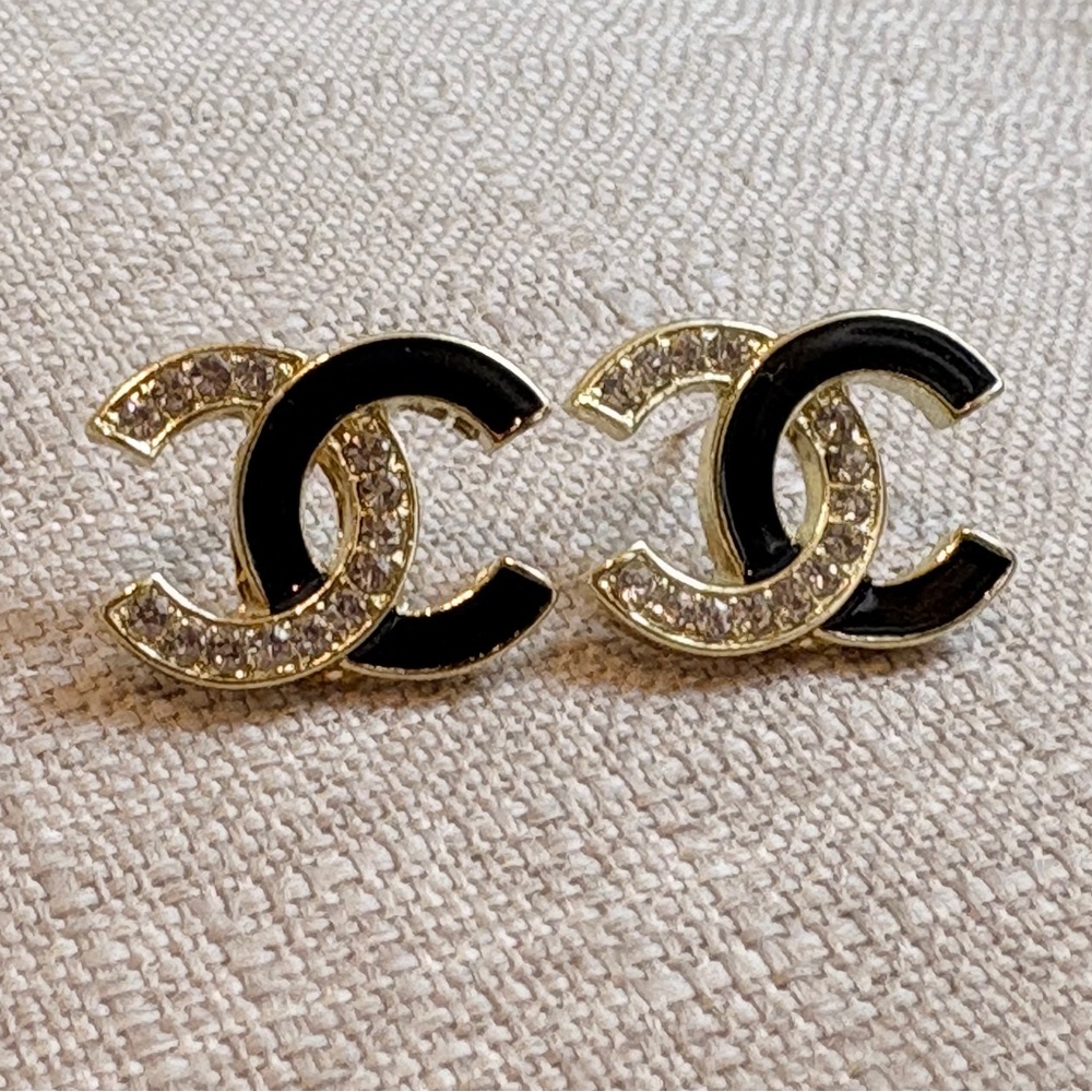 CHANEL Black and Gold Crystal Earrings